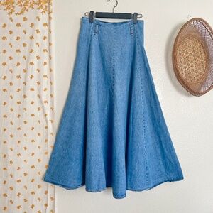 Vintage Pottery Denim Maxi Skirt USA Made Prairie Boho Size 9